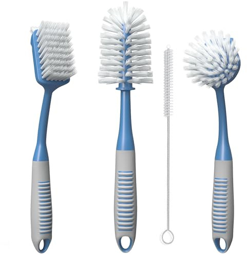 Dish Brush Set of 4 - Kitchen Scrub Brushes with Non-Slip Long Handle for Cleaning, Scrubber, Dishwashing, Dishes, Bottles, Straws, Cups, Pots & Sink, Blue