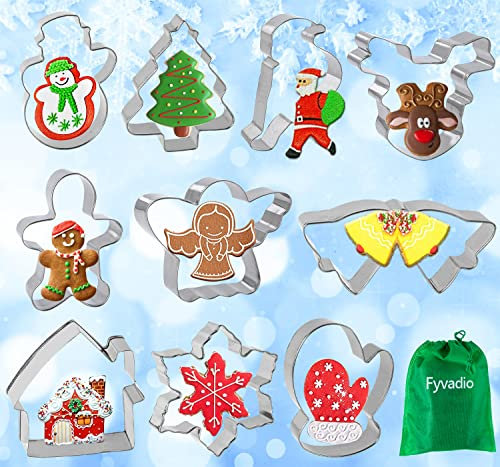 Emporte Pièce Noel, Fyvadio 10Pcs Emporte-Pièce en Acier Inoxydable Sapin de Noël Père Noël Flocon de Neige et Autres Formes, pour Décoration de DIY Gâteau Fondant Biscuit Cookie Pâtisserie Muffins