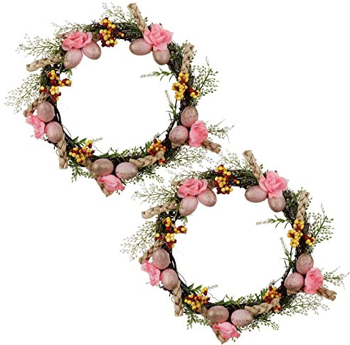 HELTER 2 Stück Rosa Rose und Eier Osterkranz 40cm Osterkranz für Haustür Dekor, Frühlingskranz mit Eiern, Rosenblumen und Beere