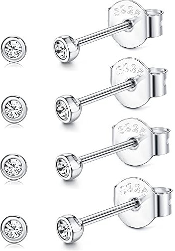 JeweBella 4 Paar Ohrstecker Silber 925 Damen Klein Runde Zirkonia Ohrringe Set Hypoallergene Knorpel Tragus Ohrstecker Set für Mädchen Herren Silber/Gold/Roségold 2/3MM Schmuck
