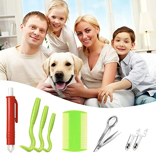 Zeckenzange für Hunde & Katze 8er Set ( 3 Zeckenhaken / 1 Zeckenzange / 1 Pinzette mit Lupe / 1 Hundekamm & Katzenkamm / 2 Plastikrohr ) Profi Zeckenpinzette Flohkamm Erste Hilfe Kit -Sicher Effektive