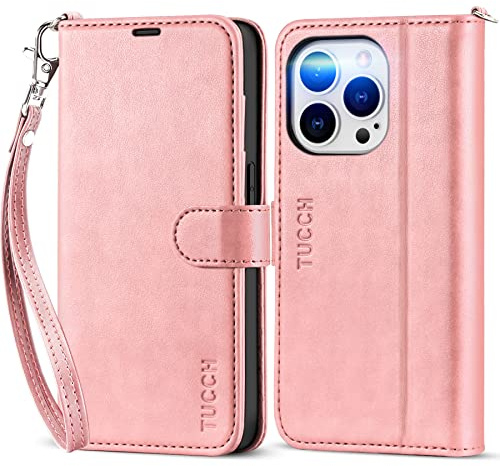 TUCCH Flip Case for iPhone 14 Pro (6.1) 2022 5G, PU Leather Wallet Case with Wrist Strap, RFID Blocking, Card Slots, Shockproof TPU, Viewing Stand, Magnetic Folio Cover for Women Men, Rose Gold