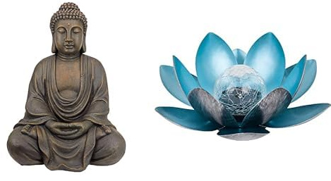 Design Toscano Bouddha Méditatif du Grand Temple Statue de Jardin, Moyen 66 cm, polyrésine, Pierre Grise & Dehner Lotus Lampe solaire en métal Argenté/Bleu Ø 27,5 cm Hauteur 12 cm