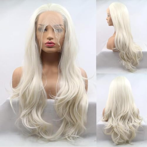 Platinum Blonde Wig White Hair Lace Front Wigs for Women Long Wavy Pre Plucked Hairline Loose Wave Glueless Wigs High Temperature Fiber Synthetic Lace Front Wig 24Inch