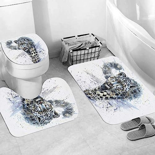 EKSED Badteppich 3 Stück Weiche saugfähige Badematten,Schneeleopard-Tier-Aquarell-Raubtier-wild lebende Tiere,rutschfeste Badematte Teppiche & Toilettendeckelabdeckung Set Waschbar