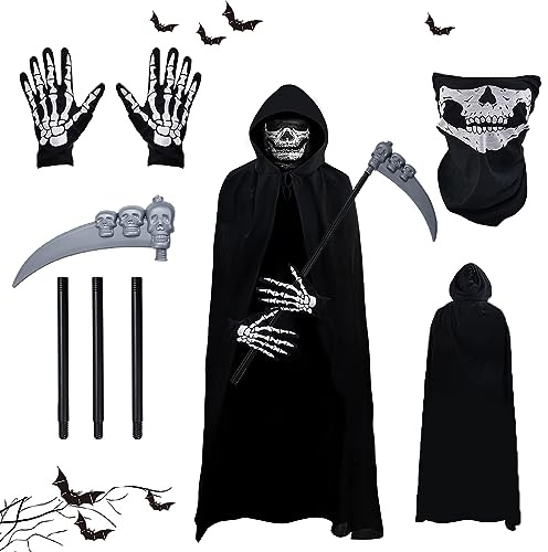 Gxlaihly Disfraz de Parca para Adultos, Halloween disfraz la muerte,con Capucha, Máscara de Calavera, Guantes, Guadaña,Disfraz de parca,Conjunto de Disfraces de Reaper de Halloween (Adulto-A)