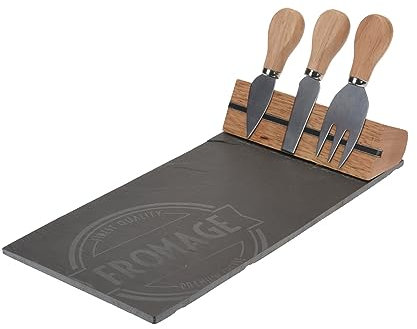 Käseplatte Set aus Schiefer und Bambus 4-teilig - 30 x 15 cm - Servierplatte inklusive Besteck und Magnet Halterung - Schieferplatte Käsebrett Buffet Platte mit Käsemesser lebensmittelecht