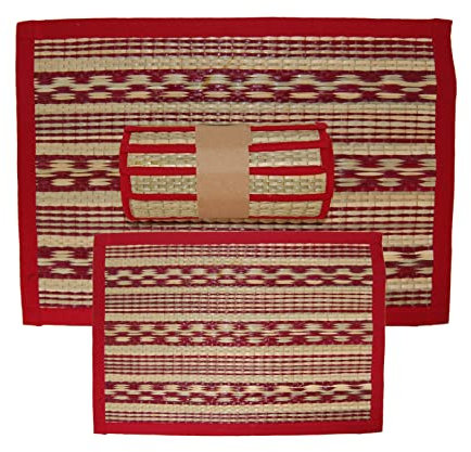 Hand Woven Reed & Fabric Square 6PCS TABLE MATS Set & 2 Floor CARPET, Rush Placement Hotel/Home Dining Table Decor Mats Pack, Home Door Entrance Carpet for New Year Gift (6 Table Mats)