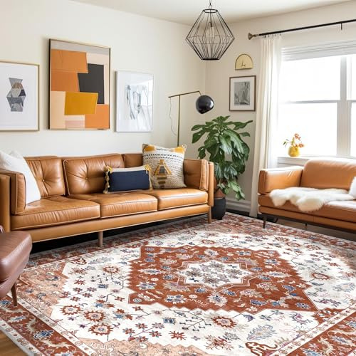 Vamcheer Vintage Teppich Wohnzimmer Waschbar Orange 300x400 cm | Kurzflor, rutschfeste Rückseite, flache Struktur, orientalisches Design, für Esszimmer und Schlafzimmer