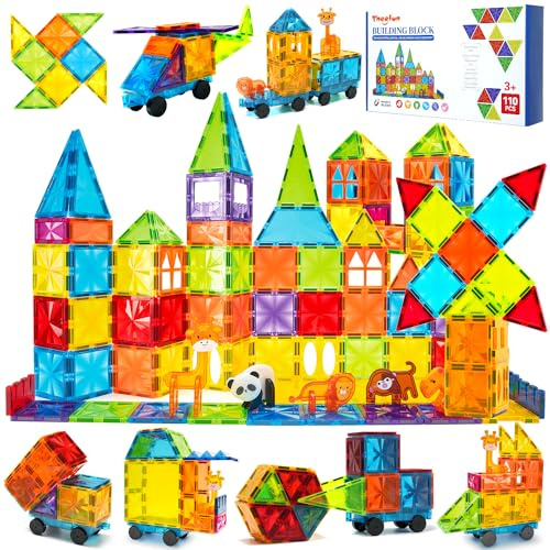 Theefun Magnetiska byggstenar 110 delar, magnetiska byggstenar, magnetleksak, magnetleksak för barn, magneter, byggklossar, barnleksaker, gåva för från 3 4 5 6 7 8 år, pojkar och flickor