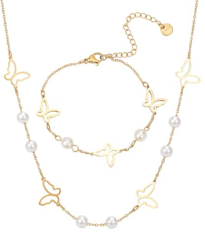 ANATTASOUL Gold-Schmetterlings-Perlen-Halsketten-Armband-Set Für Damen Kleine Perlenkette Halskette Gold-Schmetterlings-Perlen-Choker-Halsketten-Armband Verstellbar Brautjungfern-Hochzeitsschmuck