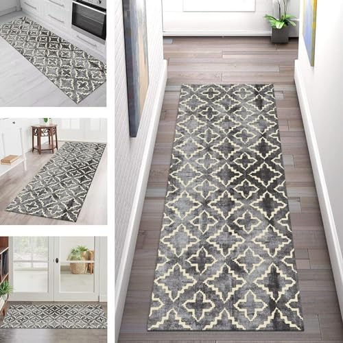 Teppich Läufer für Küche Flur Wohnraum Teppichläufer Lang Grau Schwarz Beige Meterware Flurteppich 60X150CM Küchenläufer boho Teppichmatten Wohnzimmer Schlafzimmer Küchenteppich Rutschfest Waschbar