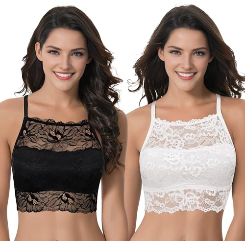 Curve Muse Donne Taglie Forti Senza Ferretto Non Imbottito Scollatura Profonda Bralette con Pizzo Floreale-Confezione da 2-Black,Cream-S