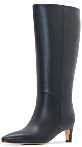 Aizhenzm Stiefel mit Kätzchen-Absatz für Damen, kniehohe Stiefel, niedriger Absatz, breite Wade, spitzer Zehenbereich, Stiletto-Absatz, hohe lange Stiefel, Schwarz, 39 EU