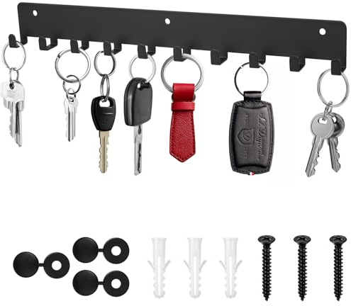 QJKEJI Key Holder for Wall, Key Hooks Wall Mounted, Key Racks for Wall, Black Metal Key Hooks with 10 Hooks, Key Hangers Heavy Duty Hooks for Hallway Kitchen Bedroom Living Room Bathroom Office