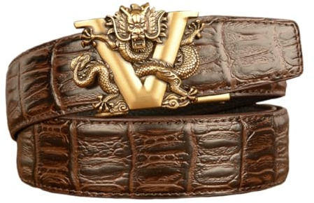 xichuangyuXCY Ceinture à Cliquet Pour Hommes Style Classique Rétro Dragon - Cuir Avec Boucle Sculptée - Décontractée Business Motif Crocodile Marron