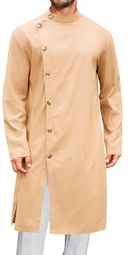 Runcati Mens Kaftan Thobe Button Down Long Sleeve Robe Casual Henley Shirt Cotton Muslim Gown Kurta Tops Khaki