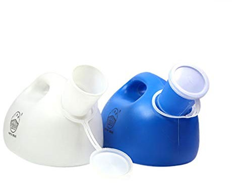 Urinal für Männer, 2000 ml, mit Deckel, aus dickem Kunststoff, Überlaufschutz, t0 ml, mit Deckel, aus dickem Kunststoff, Überlaufschutz, tragbar, für Reisen und Camping, 2 Stück, Blau + Weiß