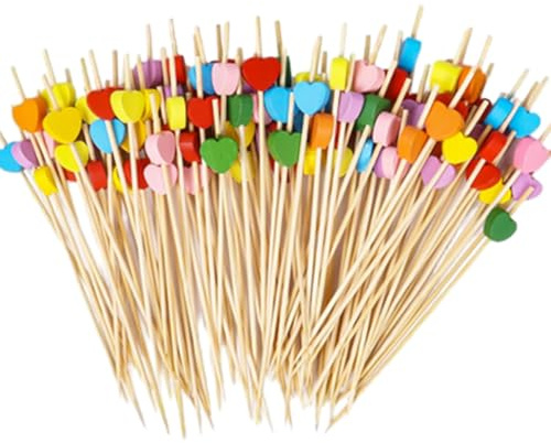 100 Piezas Pinchos de Madera para Cócteles, Palillos de Cóctel de Corazón de 12 cm Palillos Largos de Dientes en Forma de Corazón, Multicolor Decoración de Fiestas para Tartas y Pinchos de Frutas