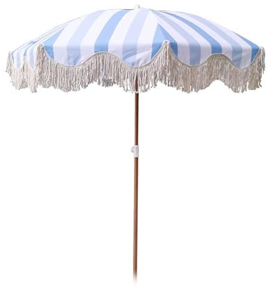 Gestreifter Strandschirm, 200 cm, neigbar, tragbar, Outdoor-Sonnenschirm mit Quasten für Pool, Balkon und Terrasse, Blau, blau, 200cm/6.6ft