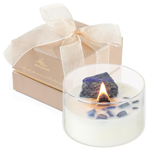 AntExpanse Duftkerze 'Englische Birne & Freesie' mit Echten Heilsteinen & Holzdocht, Geschenk für Frauen, Freundin, Mama, 55h Brenndauer, 198g Sojawachs, Luxus Aromatherapie Kerze