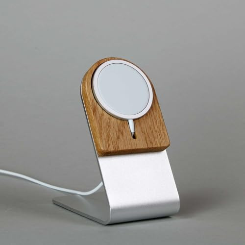 Halterung für Apple MagSafe (1. Gen.) Ladegerät – Aluminium & Holz (Walnuss/Eiche) – Tischständer mit Saugnapffolie, kompatibel mit Apple MagSafe Puck (Eiche)