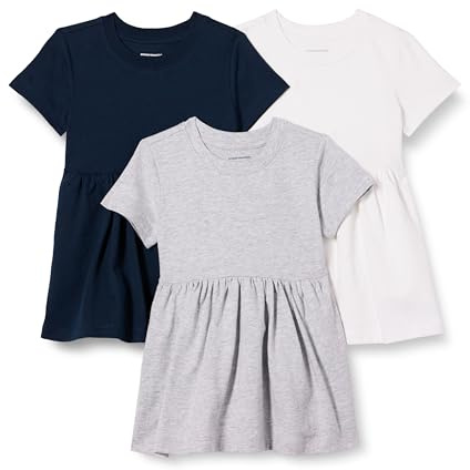 Amazon Essentials Vestido de jersey de manga corta Niña, Pack de 3, Azul Marino/Blanco/Gris Claro Mezcla, 6-7 años
