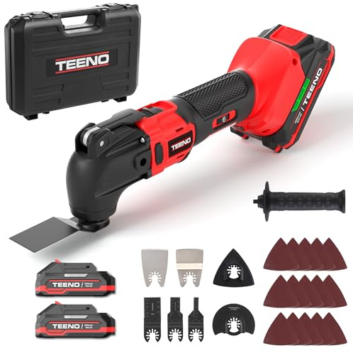TEENO Cordless Oscillating Multi-Tool,Multifunction Oscillating Multi Tool with 20V 2.0Ah Lithium-Ion,8500-21000 RPM,6 Variable Speed,4° Oscillation Angle,for Sawing, Cutting, Sanding (Two Batteries)