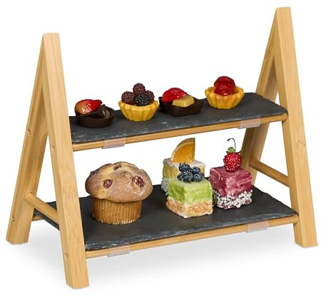 Relaxdays Alzata con 2 Piatti per Dolci, Snack e Formaggi, Centrotavola Porta Frutta, HLP: 27x32x17 cm, bambù e Ardesia