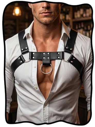 Fstrend Men's Mardi Gras Faux Leather Chest Harness with Rivets, Black Adjustable Body Strap for Rave Outfits, Festival and Fashion Accessory