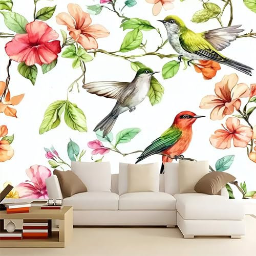 Carta Da Parati Soggiorno Fiori Piante Uccelli 250x175 cm Murale Poster Carta Da Parati Panoramico 3D, Decorazione Muro per Camera Letto Cucina Cameretta Bambini