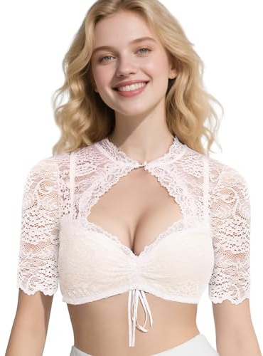 SaiXuan Boléro Dentelle Femme Blanc – Blouse Dirndl Courte Élégante à Manches Courtes avec Cordon Réglable, Haut Traditionnel en Dentelle pour Oktoberfest, Carnaval, Fête Bavaroise – Tailles S/M/L (L)