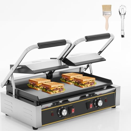 HTTSICHI Commercial Panini Press - 3600W Double Sandwich Press, Stainless Steel Electric Panini Grill w/Dual Independent Temp Controls, 19x9 Full Flat Smooth Cooking Pan for Hamburger Steak Bacon