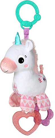 Bright Starts, Sparkle & Shine Unicorn, leksak för att fästa på barnvagnen, enhörning, med 2 bitringar, skramlar, stimulerar känslan av beröring