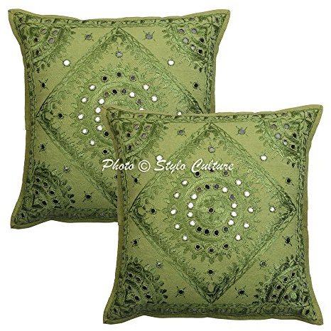 Stylo Culture Bohemio Fundas De Almohadones Decorativa 40x40 cm Algodón Espejado Forros para Cojines Silla Verde Loro 16x16 Inch Bordado Cuadrado sobre Fundas Cojines Sofa - 2 Pcs