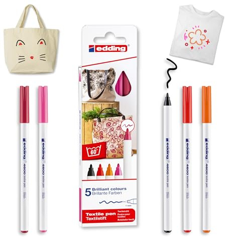 edding 4600 Textilstift - schwarz, rot, orange, pink, karmin-rot - 5 Stück - Rundspitze 1 mm - Textilstifte waschmaschinenfest (60 °C) zum Stoff bemalen - Stoffmalstift