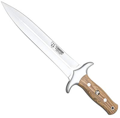 Cudeman Cuchillo 105-L hoja de acero inoxidable ACX-380 de 23 cm, empuñadura de madera de olivo natural de 14 cm para caza, pesca, supervivencia y bushcraft + Portabotellas regalo