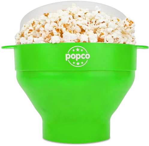 POPCO Silicone Popcorn Popper - Collapsible Microwave Popcorn Maker - Air Popper Pop Corn Bowl with Handles and Lid - Dishwasher Safe - Large 15 Cup Capacity - (Green)