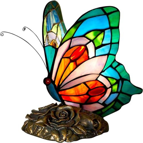 FUMAT Lámpara Tiffany, lampara de mesa con forma de mariposa, lámpara de noche retro vintage, Material de vidrio de color, perfecta para sala de estar, dormitorio, estudio, oficina