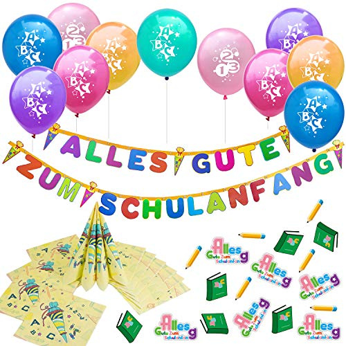Oblique Unique® Schuleinführung Schulanfang Einschulung Deko Set für Jungs und Mädchen - 10 Luftballons + Alles Gute zum Schulanfang Girlande + 20 Servietten + Konfetti Set