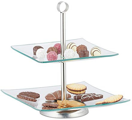 Relaxdays 10x Serving Stand, 2-Tiers, Glass, Afternoon Tea, Display Cakes & Snacks, Fruit, Etagere, Silver/Transparent