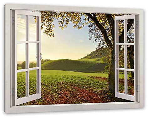 Pixxprint Landschaft im Herbst, Fenster, Größe: 80x60cm, Leinwandbild, fertig gespannt, Wandbild, Dekoration, Kunstdruck, kein Poster