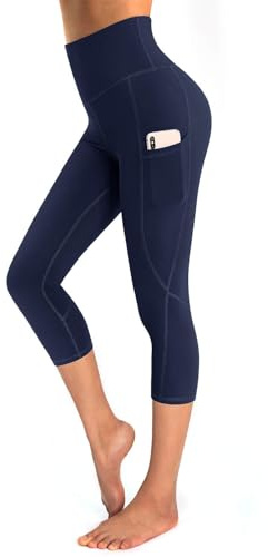 OUGES Womens High Waist Yoga Pants with Pockets Capri Workout Running Cropped Leggings(Navy,L)