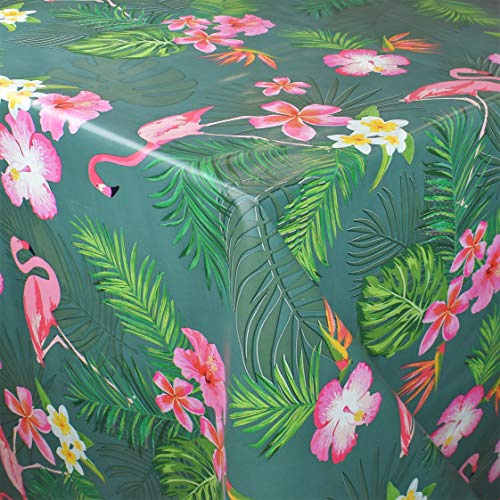 KEVKUS Wachstuch Tischdecke C144663 Flamingo Blüten Palmen Blumen auf grün wählbar in eckig rund oval (Rand: Schnittkante (ohne Einfassung), 100 x 140 cm eckig)