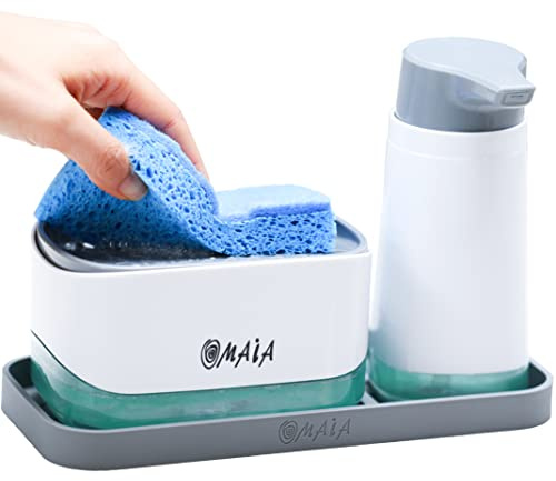 OMAIA,Set di dispenser di sapone da cucina 4 in 1, dispenser per piatti con supporto per spugne, facile da usare e ricaricare, non arrugginito
