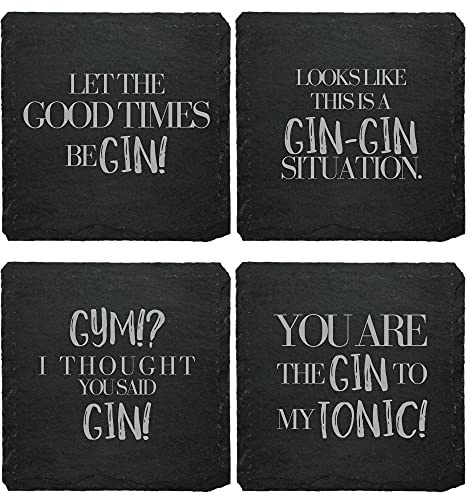 Schiefer Untersetzer Set (4 Stück) für Gin mit Ginsprüchen - Untersetzer aus Schiefer für Ginfans Geschenkidee Ginliebhaber (englische Sprüche)