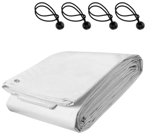 White Waterproof Tarpaulin Sheet 3 x 3 m with 4 Ball Bungees - 90 GSM Heavy-Duty PE Cover with Eyelets Every 1m - UV Resistant, Mould-Proof, Tear-Resistant - Garden, Camping, Construction, Furniture