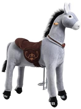 PONNIE Reitpferd mit Rollen Esel M (5-12 Jahre), Spielpferd zum Reiten mit Abnehmbarer Braun Sattel und Halfter mit Zaumzeug, Kämmbare Mähne und Schwanz, Plüschpferd zum Reiten für Kinder PRO