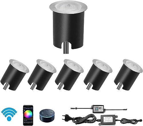 CHNXU 6er WiFi LED RGB Terrassenbeleuchtung, Ø30mm LED Bodeneinbauleuchte IP67 Wasserdicht Multicolor Treppen Einbauleuchten Kompatibel mit Alexa, Google Home, App Steuerbar für Küche Garten, Schwarz