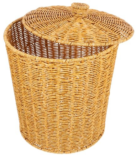 Hyacinth-Wastebasket-Bathroom-Essentials Rustic Plastic Trash can with Lid, Imitation Rattan Woven Waste Bin for Bedroom & Bathroom, Stylish Sundries Basket, 10L Capacity